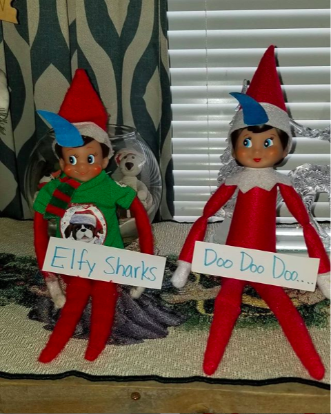 elf on the shelf, elf on the shelf ideas, elf on the shelf funny ideas, keurig, elf on the shelf expert level, baby shark